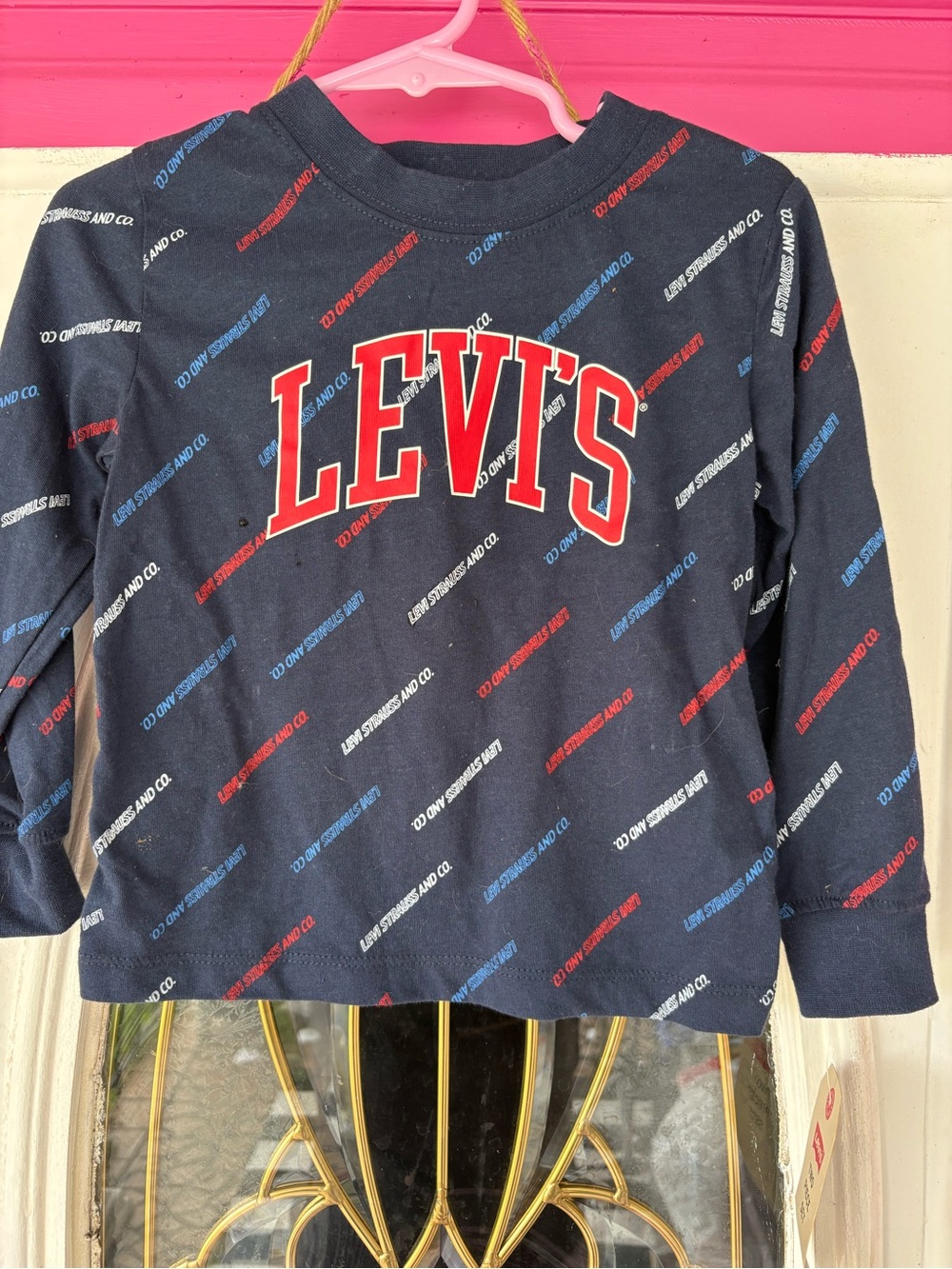 Levi's Navy Long Sleeve Tee with Red Logo and Multi Accent Print